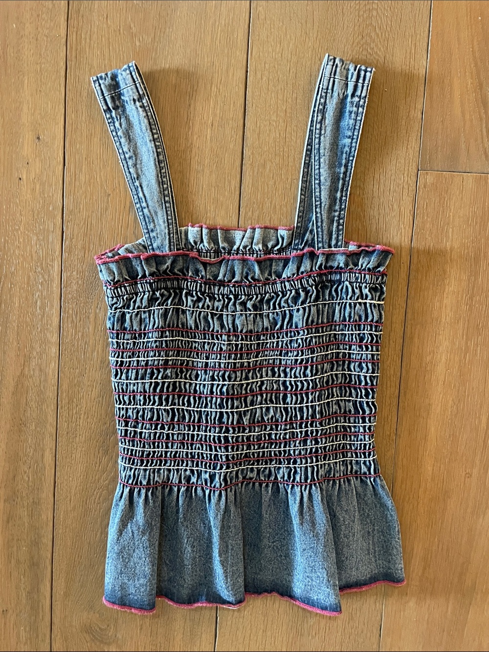 Denim Top with Red Teim and Ruching- size XS